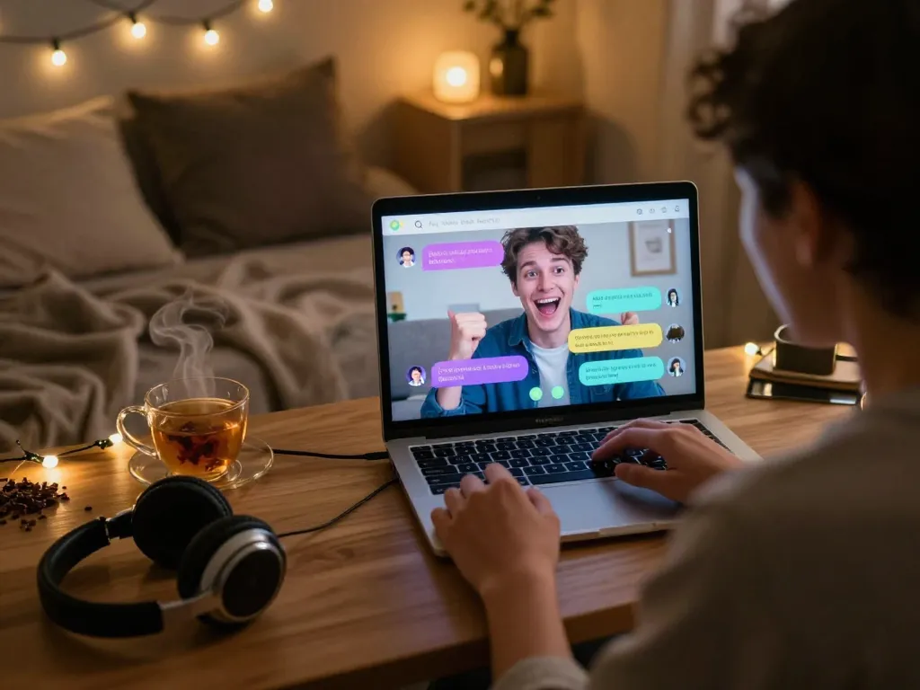 Engaging nsfw ai chat interaction in a cozy, inviting room with warm lighting.