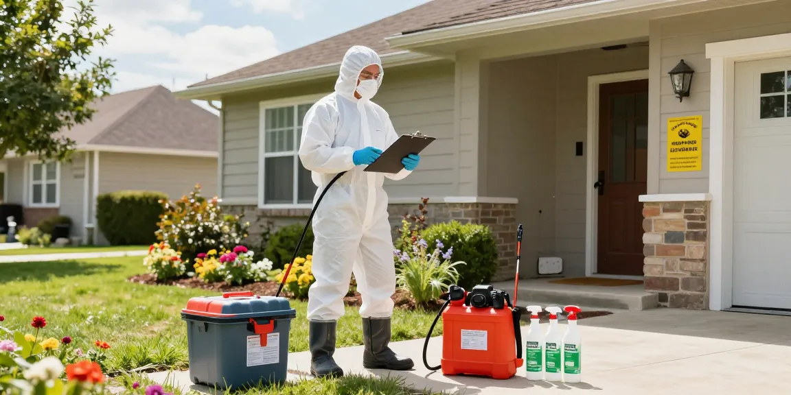 Professional pest control services technician inspecting a home with eco-friendly equipment in a sunny garden.