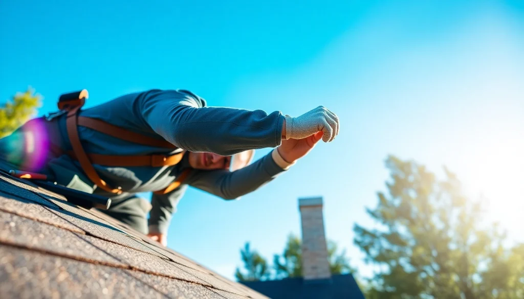 Showcasing Professional roofing services with a skilled roofer installing shingles under bright sunlight.