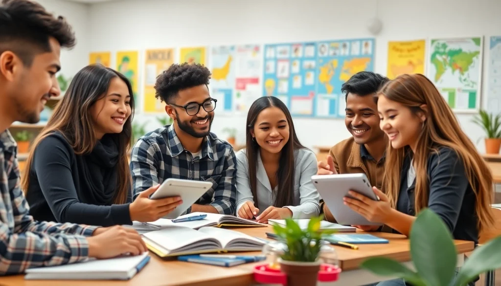 Students engaging in interactive Education activities in a vibrant classroom environment.