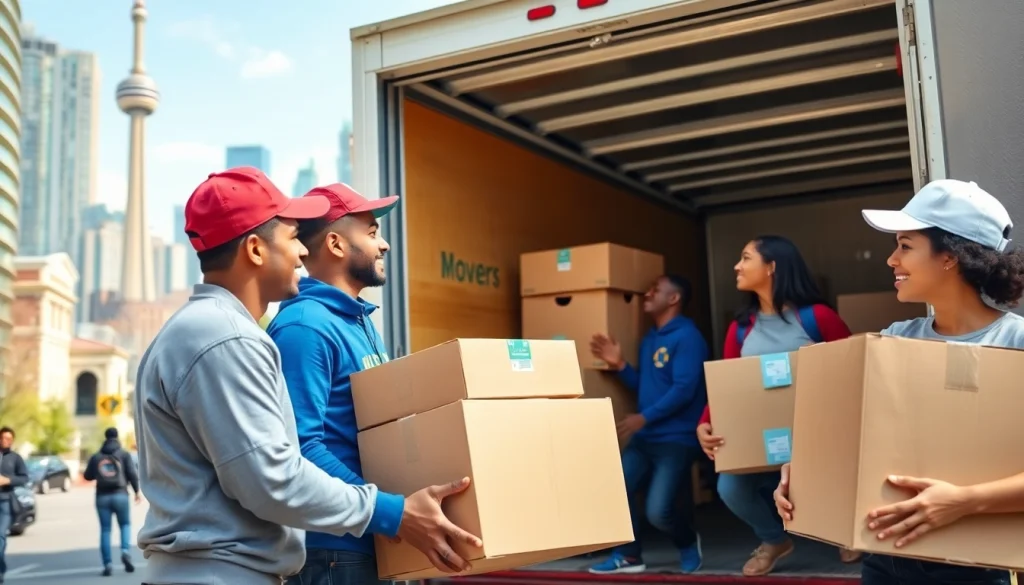Efficient Toronto moving services team loading boxes in lively urban setting.