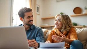 Couple exploring Life insurance options in a warm, inviting home environment, ensuring their family's financial security.