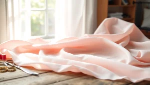 Mousseline stof draperend op een houten tafel met zachte lichtinval en creatieve omgeving.