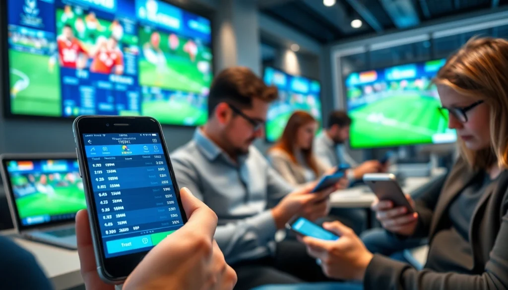 Engaged users exploring the best online sportsbooks India on mobile devices in a lively environment.
