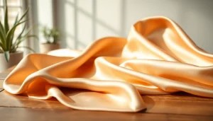 Satijn stof met een glanzende afwerking op een tafel, perfect voor decoratie.