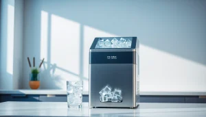 Showcase of an ice maker creating sleek, clear ice cubes in a modern kitchen.