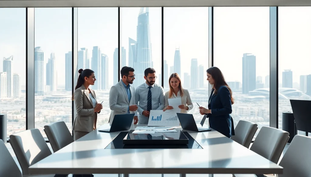 Business Consultants in Dubai collaborating in a modern office with a skyline view.
