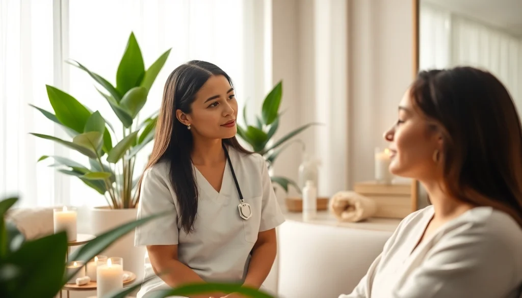 A nurse practitioner discussing aesthetic care in Nyack with a client in a calm, inviting spa setting.