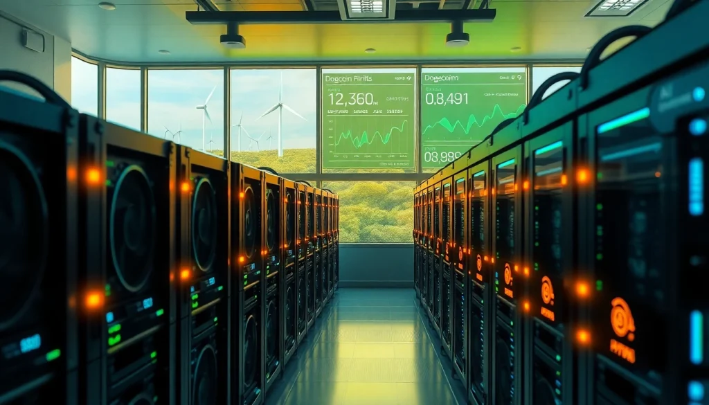 Visual representation of dogecoin cloud mining profit with advanced AI technology and renewable energy sources.