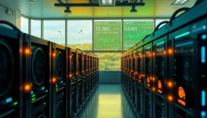 Visual representation of dogecoin cloud mining profit with advanced AI technology and renewable energy sources.