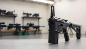 WOT trigger for AR15 showcased in a minimalist indoor shooting range setting.
