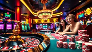 Engaging players at a luxurious casino featuring https://lc88tv.com/ branding on chips and tables.