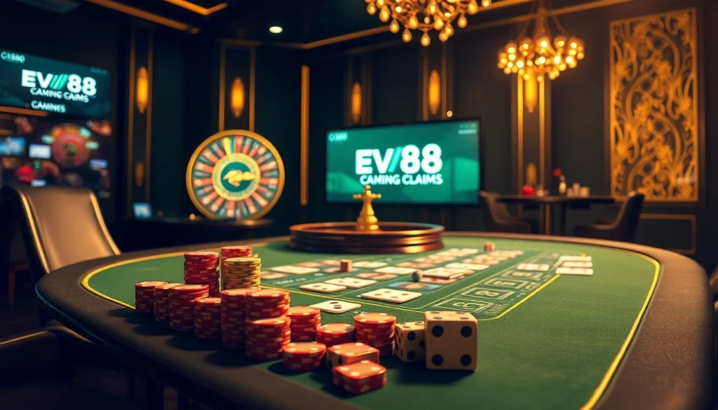 Exciting poker game setup at ev88.claims with luxurious chips and cards on a stylish gaming table.