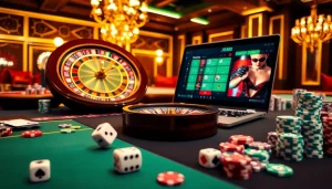 Experience the excitement at BJ 888 with vibrant casino tables dressed in colorful poker chips and cards.