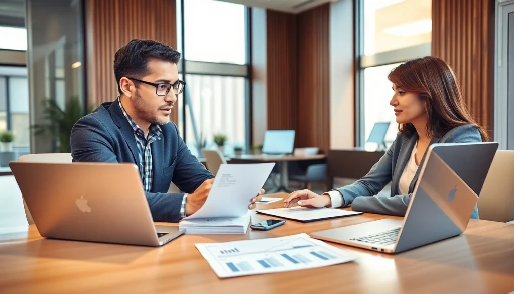 카드현금화에 대해 전문가와 상담 중인 모습, 현대적인 사무실에서.