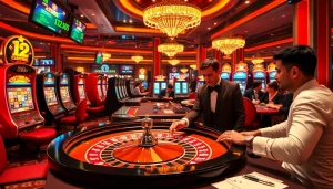 Exciting gaming scene depicting a gambler engaging with ink vao 12bet at a roulette table in a luxurious casino.