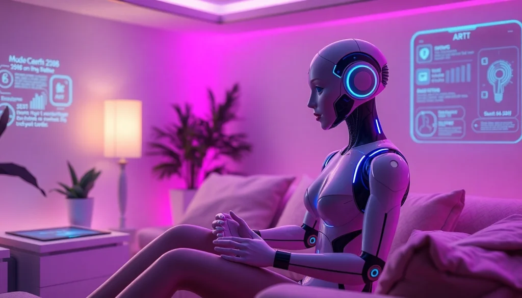 AI sex bot interaction in a cozy, high-tech room with ambient lighting.