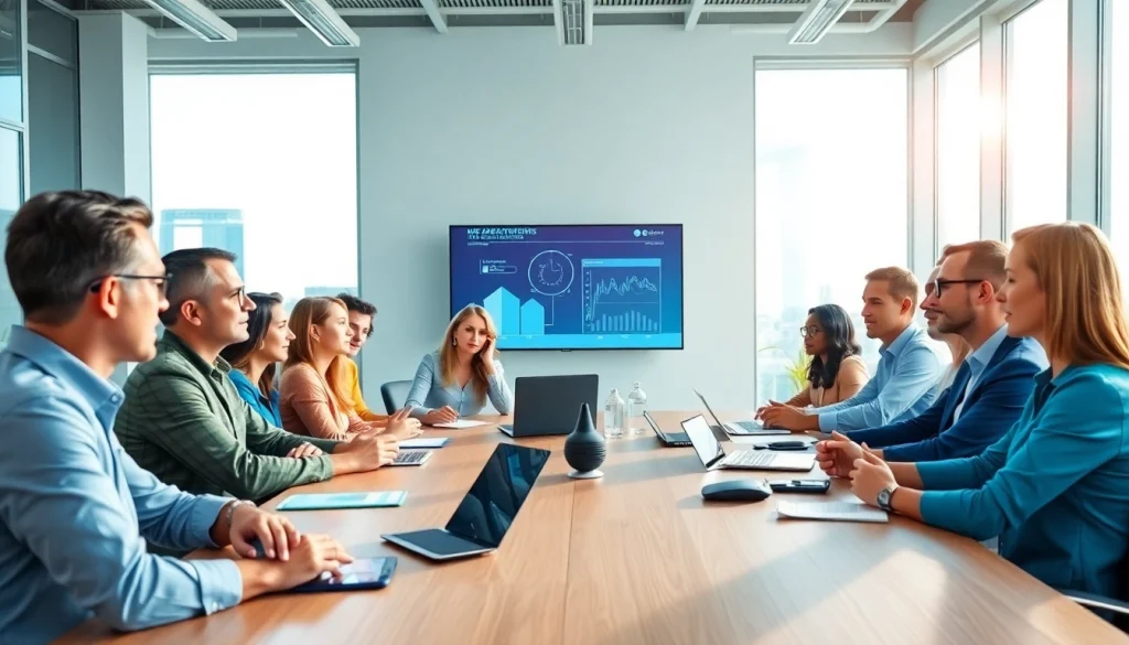 Engaged sales team collaborating on strategies for OTE sales jobs over $100k in a modern office.