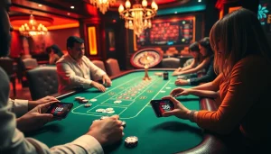 Players engaged in intense gameplay at an s88 bet casino poker table, highlighting excitement and luxury.