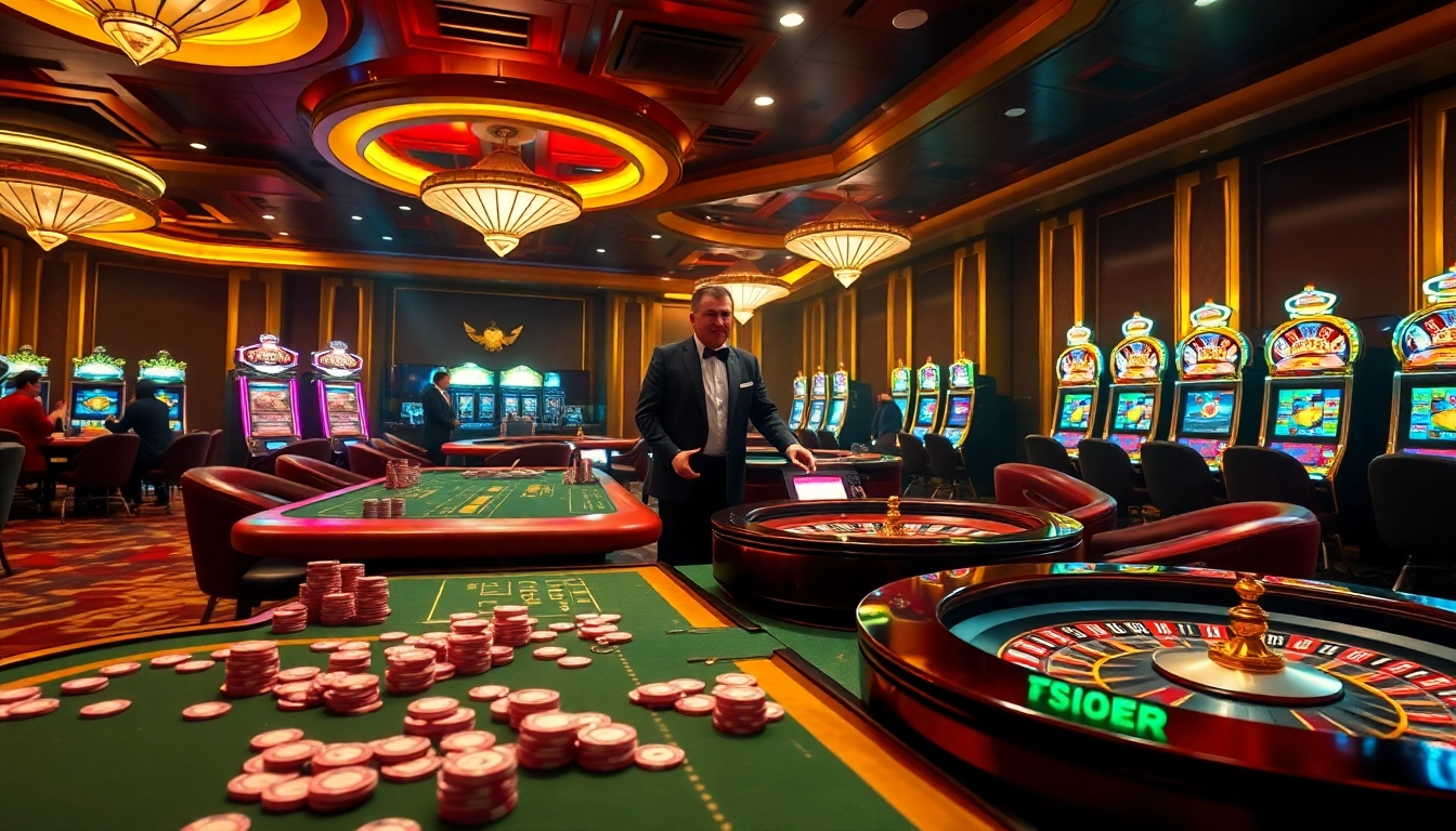 Players enjoying a thrilling game at Thabet77 casino, surrounded by vibrant slot machines and luxurious décor.