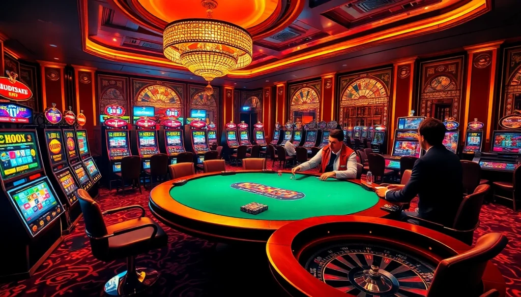 Cảnh đầy hành động miêu tả ứng dụng Bet VIP trong một casino sang trọng với bàn poker và máy đánh bạc.