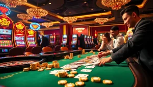 Engaging players in cara daftar Naga169 at a vibrant casino table, showcasing excitement and winning action.