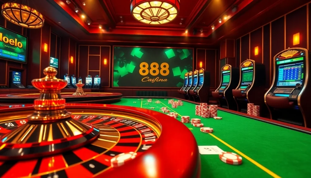 Play exciting games at u 888 online casino, featuring roulette wheels, slot machines, and poker chips.