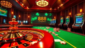Play exciting games at u 888 online casino, featuring roulette wheels, slot machines, and poker chips.