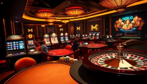 Players engaging in high-stakes gambling at MK 8 casino, showcasing poker tables and slot machines.