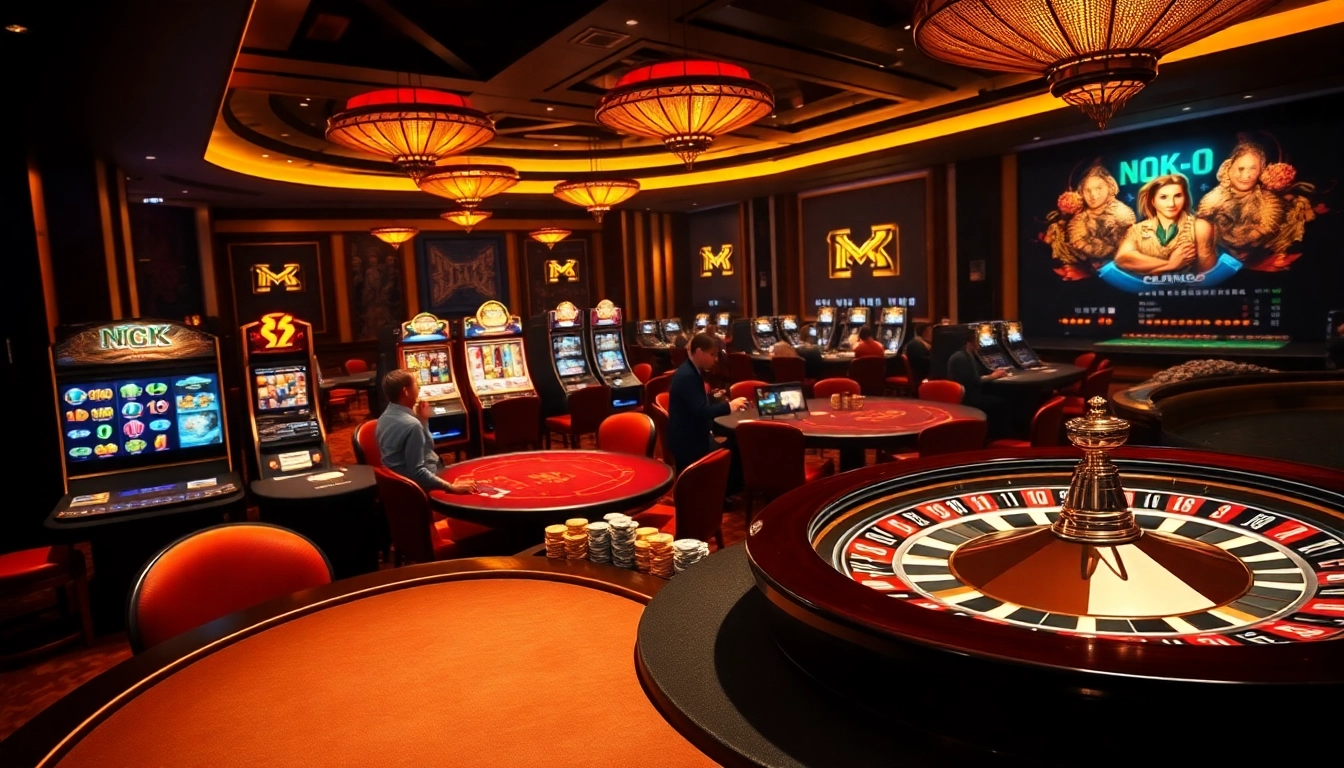 Players engaging in high-stakes gambling at MK 8 casino, showcasing poker tables and slot machines.