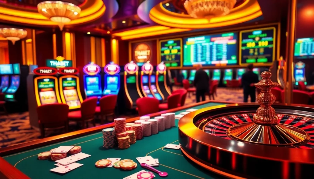 Players enjoying thrilling casino games at THABET, featuring poker chips and vibrant slot machines.