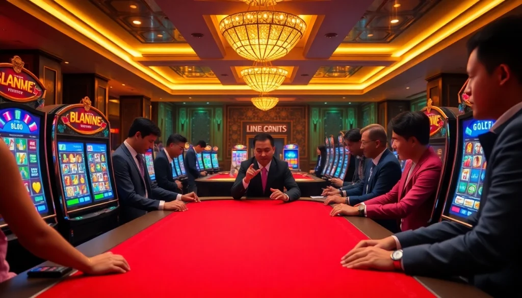 Engage with IDN Slot games in this luxurious casino scene featuring vibrant slot machines and excited players.