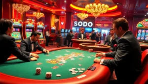 SODO casino scene showcasing a dynamic poker game with players and vibrant slot machines.
