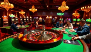S88vip roulette wheel in a luxury casino scene with players engaged in poker.