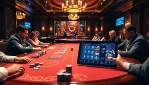 Experience the excitement of go8 đăng nhập with a vibrant casino scene filled with engaged players and elegant gaming tables.