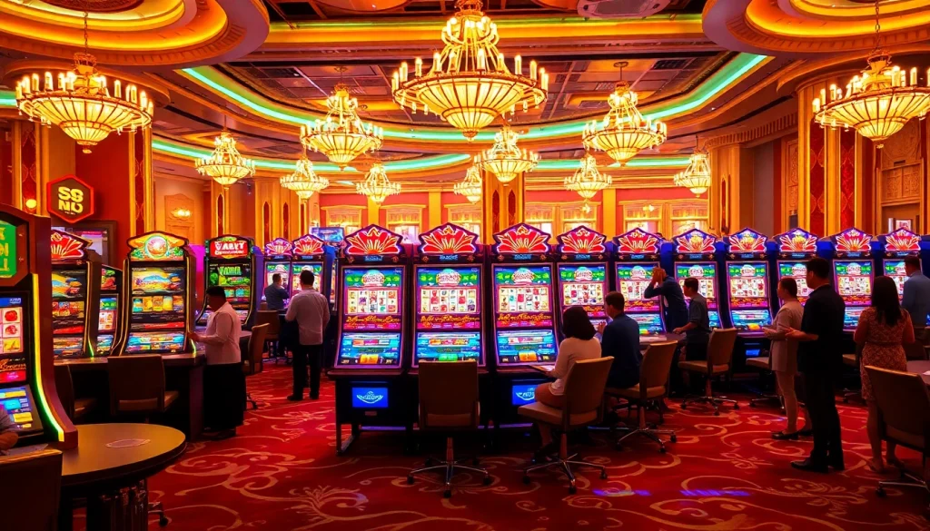 Engage with the excitement of a mahjong slot demo in a vibrant casino scene showcasing players and colorful machines.