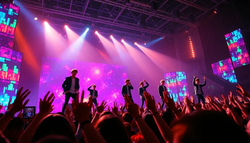 BTS news showcases vibrant concert performance with audience cheering, highlighting K-pop energy.