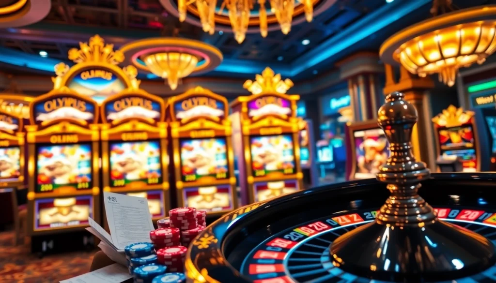 Play the engaging olympus slot amidst a lively casino, featuring opulent designs and thrilling action.