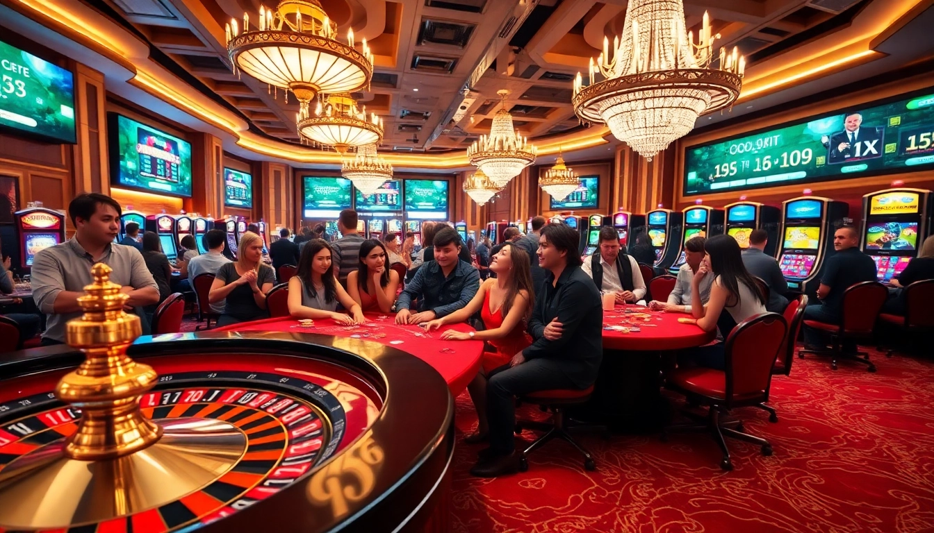 A lively casino scene featuring poker tables and roulette wheels at https://okfun.page, showcasing gamblers' excitement.