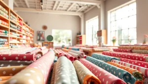 Bekijk het uitgebreid assortiment bedrukte tricot met kleurrijke stoffen in een creatieve setting.