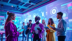 Interactive scene depicting a lively AI chatbot engaging with characters, highlighting sex ai technology.