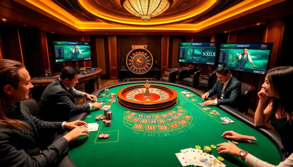 Experience sbobet betting action at a vibrant casino table with professional dealers and excited players.