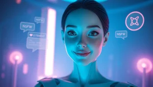 AI NSFW virtual girlfriend interacting in a futuristic digital landscape.