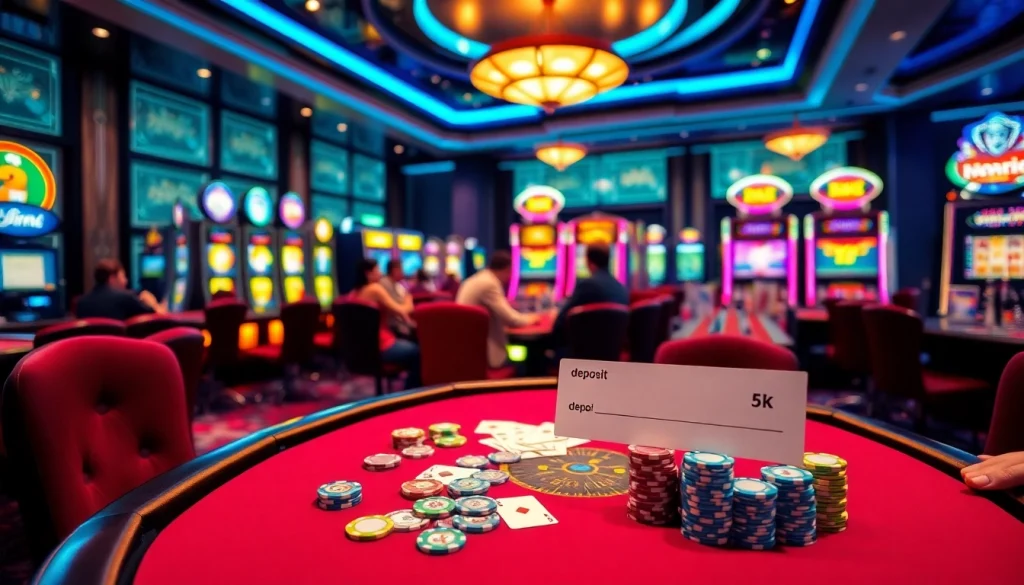 Exciting casino gaming table scene emphasizing depo 5k with colorful chips and cards.