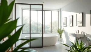 Elegant sliding shower screens enhancing a contemporary bathroom design with natural light.