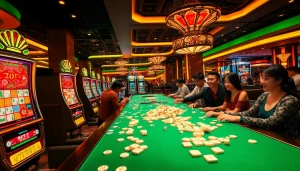 Engage in the mahjong slot demo game amidst a lively casino atmosphere with vibrant visuals.
