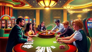 Players enjoying a thrilling gaming experience at 13Win's luxurious casino tables with colorful poker chips.