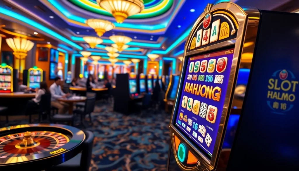 Aksi menarik pada mesin slot demo Mahjong dalam suasana kasino mewah.