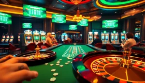 Exciting sbobet betting scene at an online casino showcasing vibrant roulette wheels and poker chips.