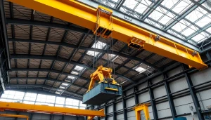 Double girder bridge crane lifting a heavy load in an industrial warehouse.